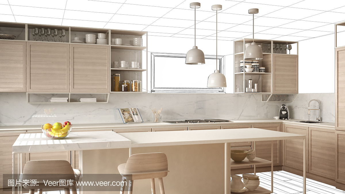 室內(nèi)設(shè)計項目草案,工作在進行中的概念想法,真實的現(xiàn)代白色和木制廚房在草圖的背景,建筑師設(shè)計師項目桌面截圖